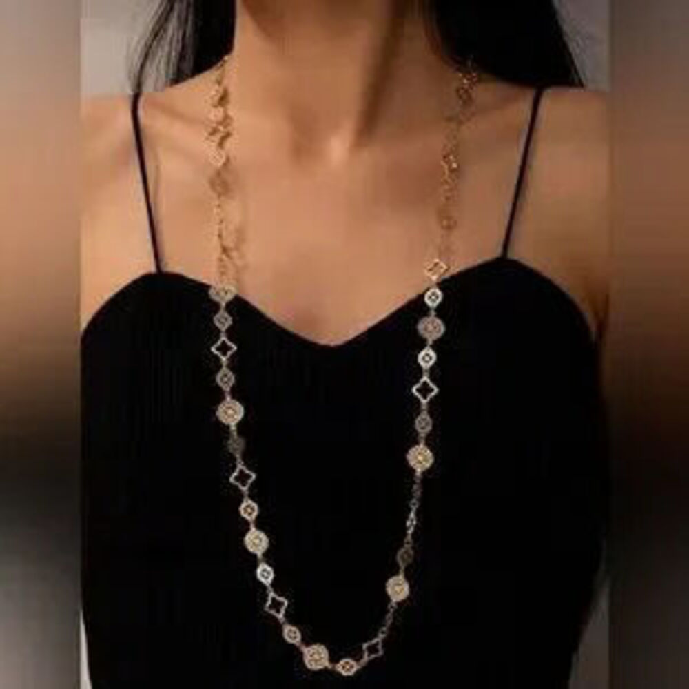 Gold Tone Clover Medallion Long Necklace Adjustable Statement Chain Gift Dainty